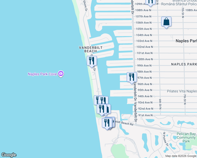 map of restaurants, bars, coffee shops, grocery stores, and more near 9700 Gulf Shore Drive in Naples