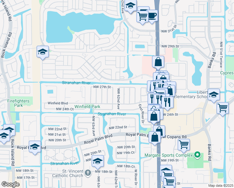 map of restaurants, bars, coffee shops, grocery stores, and more near 2569 Northwest 61st Avenue in Margate