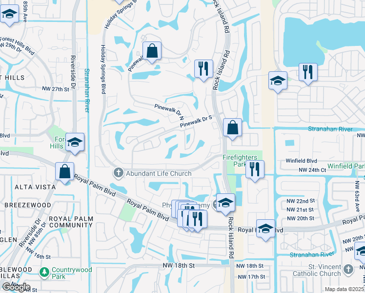 map of restaurants, bars, coffee shops, grocery stores, and more near 7434 Pinewalk Drive South in Margate