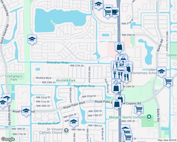 map of restaurants, bars, coffee shops, grocery stores, and more near 2569 Northwest 61st Avenue in Margate