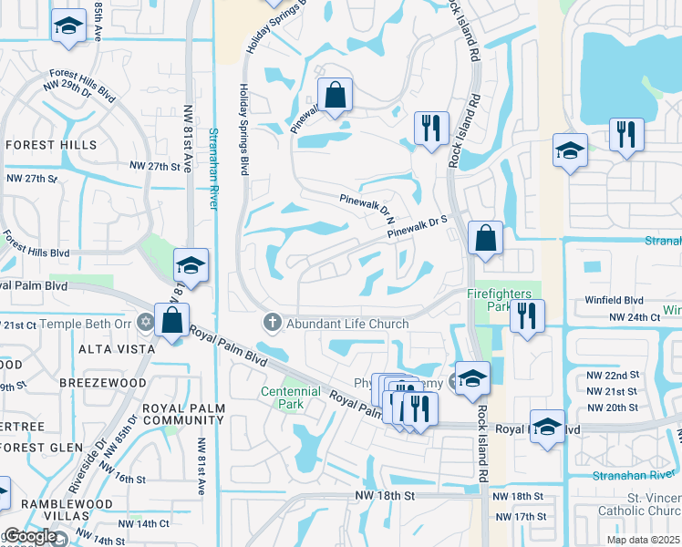 map of restaurants, bars, coffee shops, grocery stores, and more near 7617 Northwest 25th Street in Margate