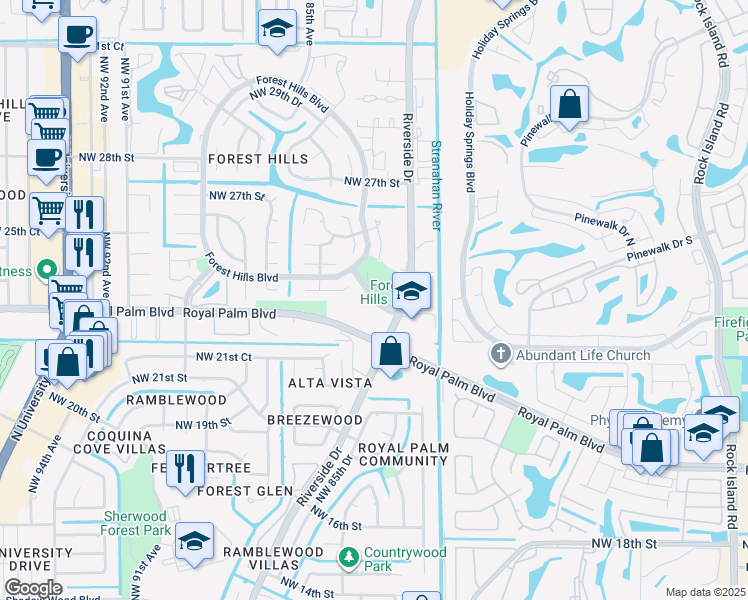 map of restaurants, bars, coffee shops, grocery stores, and more near 8202 Northwest 24th Street in Coral Springs