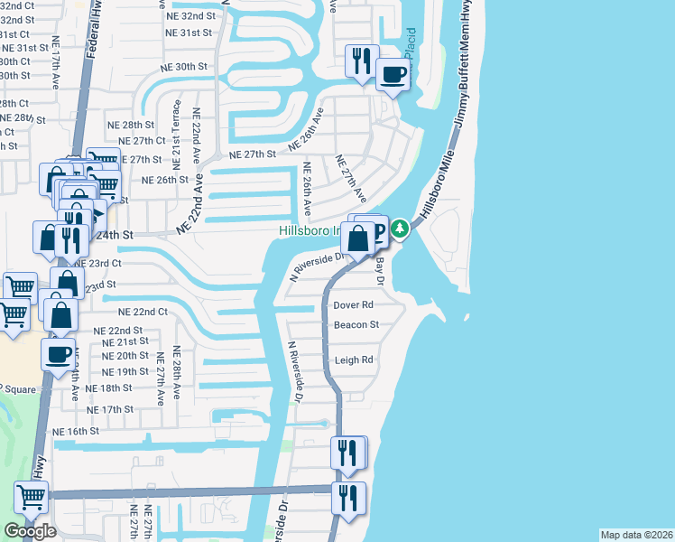 map of restaurants, bars, coffee shops, grocery stores, and more near 2500 North Ocean Boulevard in Pompano Beach