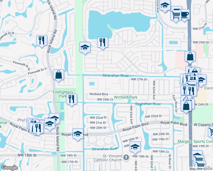 map of restaurants, bars, coffee shops, grocery stores, and more near 6303 Winfield Boulevard in Margate