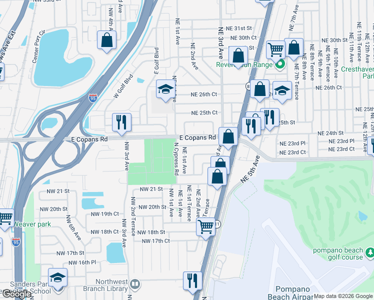 map of restaurants, bars, coffee shops, grocery stores, and more near 2221 Northeast 1st Avenue in Pompano Beach