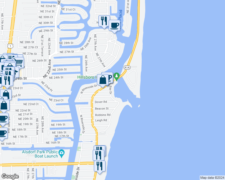 map of restaurants, bars, coffee shops, grocery stores, and more near 2400 Bay Drive in Pompano Beach
