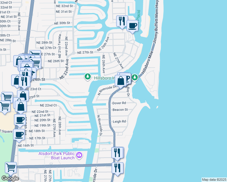 map of restaurants, bars, coffee shops, grocery stores, and more near 2500 North Ocean Boulevard in Pompano Beach