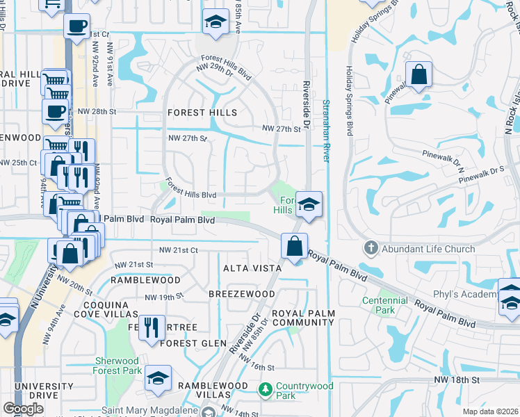 map of restaurants, bars, coffee shops, grocery stores, and more near 8355 Royal Palm Boulevard in Coral Springs