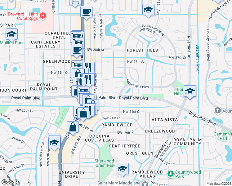 map of restaurants, bars, coffee shops, grocery stores, and more near 8884 Royal Palm Boulevard in Coral Springs
