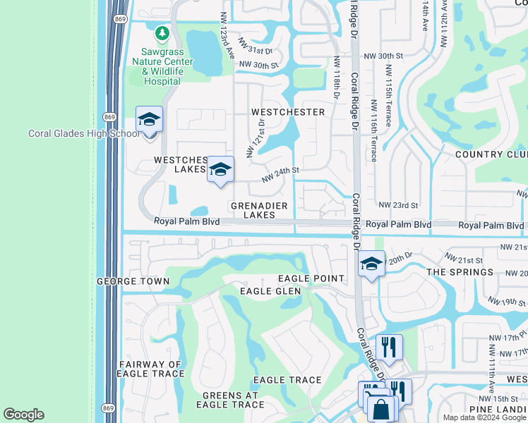 map of restaurants, bars, coffee shops, grocery stores, and more near 12030 Royal Palm Boulevard in Coral Springs