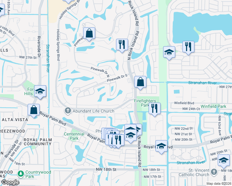 map of restaurants, bars, coffee shops, grocery stores, and more near 7427 Northwest 25th Street in Margate