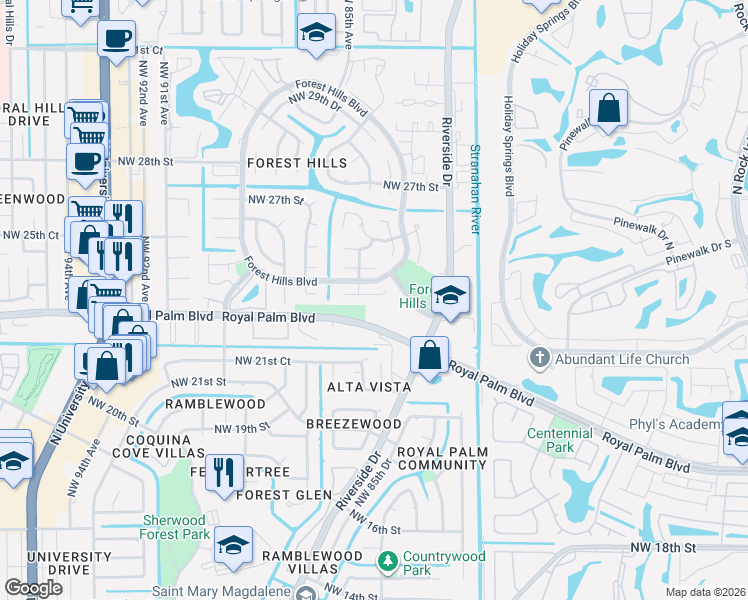 map of restaurants, bars, coffee shops, grocery stores, and more near 8355 Royal Palm Boulevard in Coral Springs