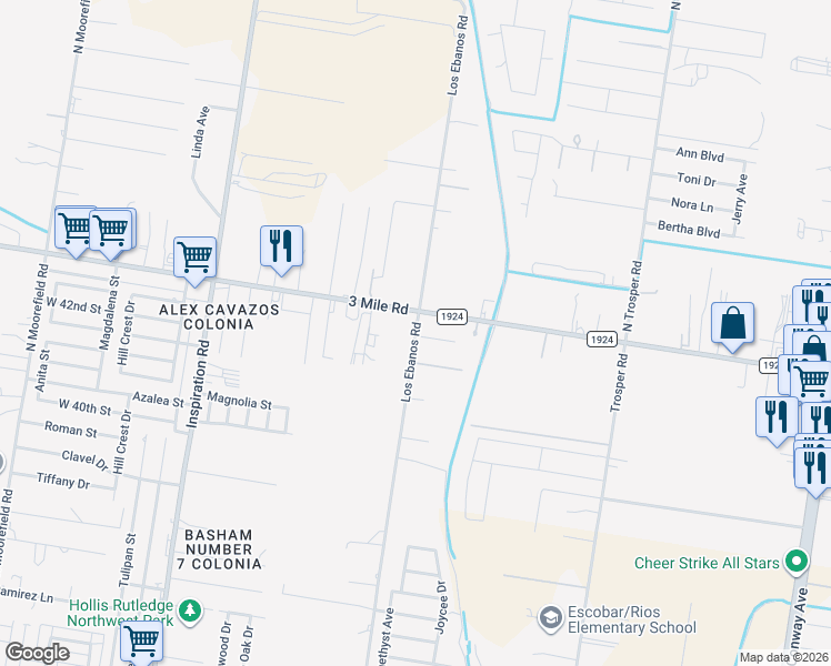 map of restaurants, bars, coffee shops, grocery stores, and more near 1404 West Mile 3 Road in Palmhurst