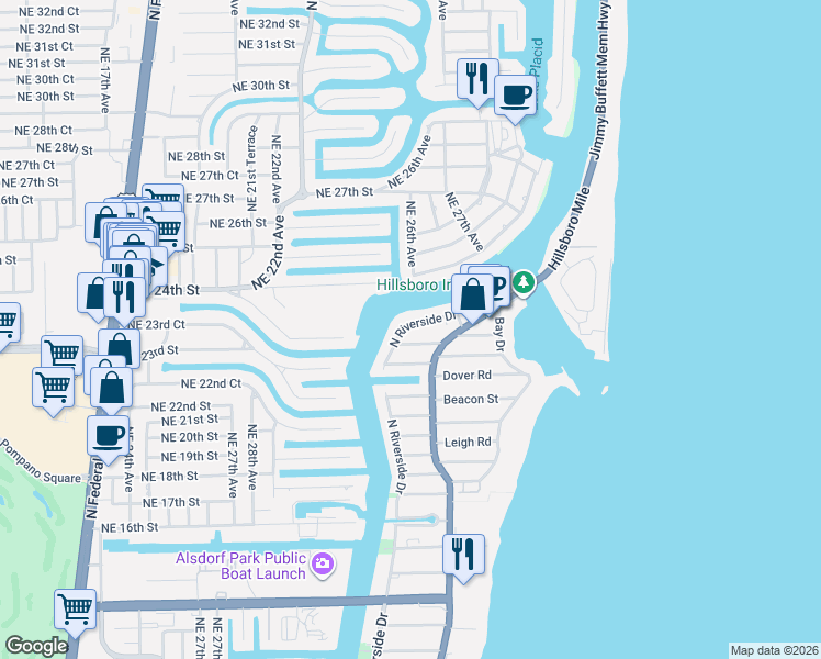 map of restaurants, bars, coffee shops, grocery stores, and more near 2511 North Riverside Drive in Pompano Beach