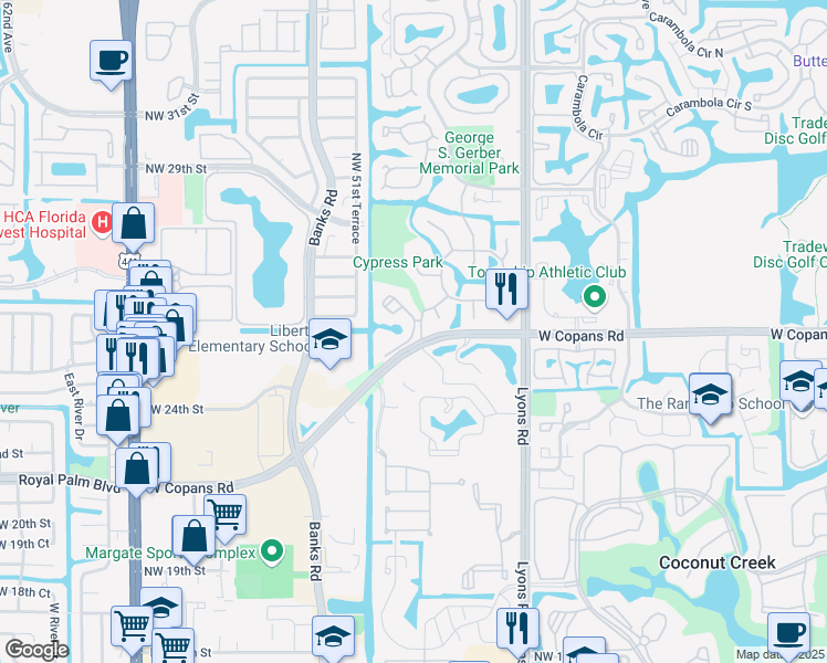 map of restaurants, bars, coffee shops, grocery stores, and more near 2463 Episa Avenue in Coconut Creek
