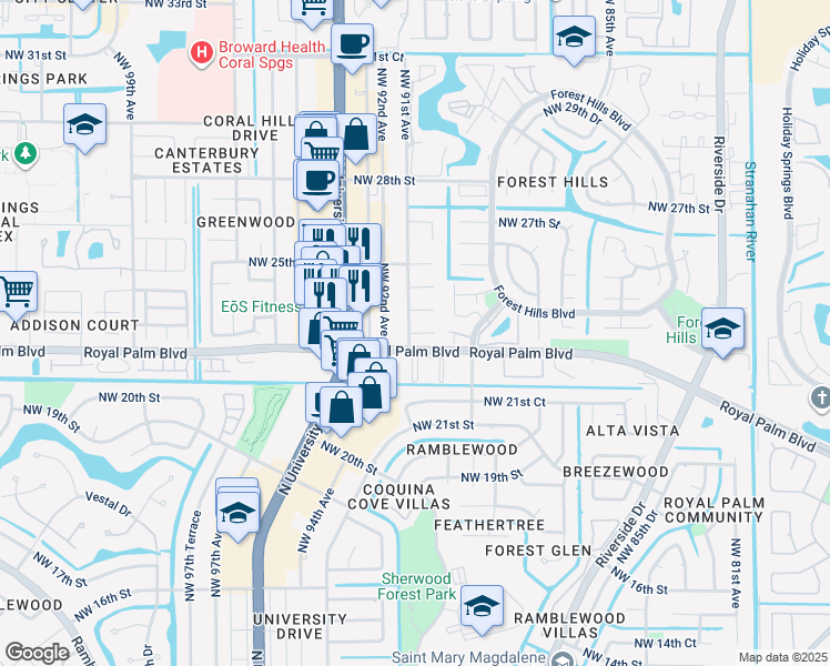 map of restaurants, bars, coffee shops, grocery stores, and more near 9064 Northwest 23rd Place in Coral Springs