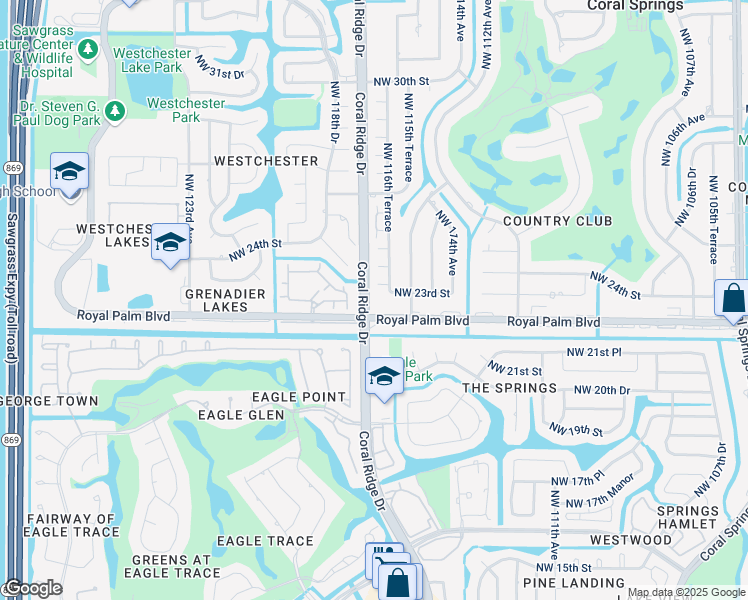 map of restaurants, bars, coffee shops, grocery stores, and more near 11617 Northwest 23rd Court in Coral Springs