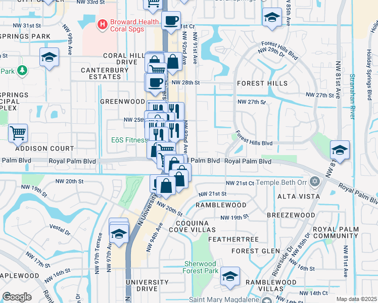 map of restaurants, bars, coffee shops, grocery stores, and more near 2431 Northwest 92nd Avenue in Coral Springs