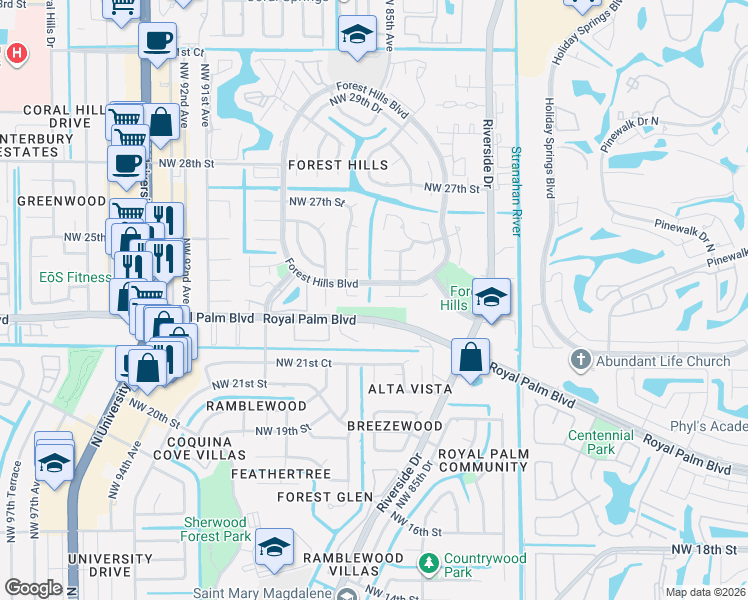 map of restaurants, bars, coffee shops, grocery stores, and more near 8586 Northwest 23rd Manor in Coral Springs