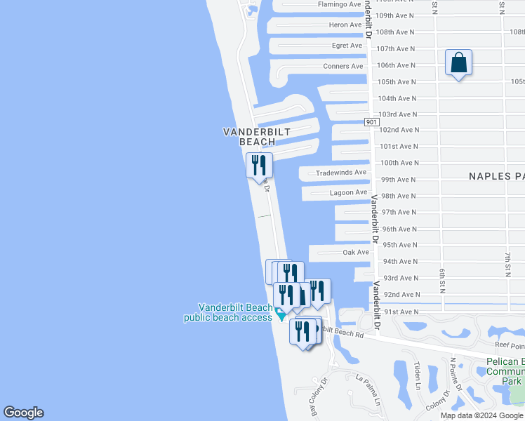 map of restaurants, bars, coffee shops, grocery stores, and more near 9715 Gulf Shore Drive in Naples