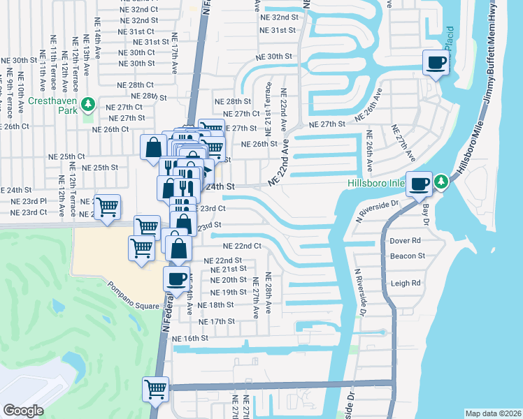 map of restaurants, bars, coffee shops, grocery stores, and more near 2729 Northeast 23rd Court in Pompano Beach