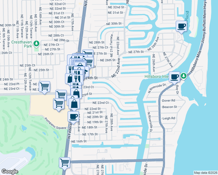 map of restaurants, bars, coffee shops, grocery stores, and more near 2729 Northeast 23rd Court in Pompano Beach