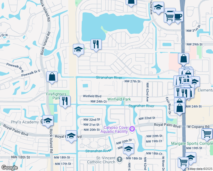 map of restaurants, bars, coffee shops, grocery stores, and more near 6503 Winfield Boulevard in Margate