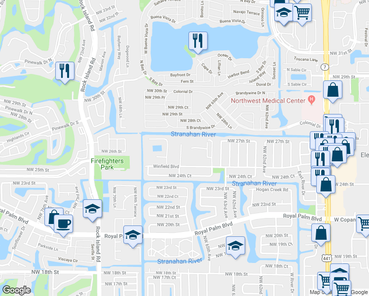 map of restaurants, bars, coffee shops, grocery stores, and more near 6613 Winfield Boulevard in Margate