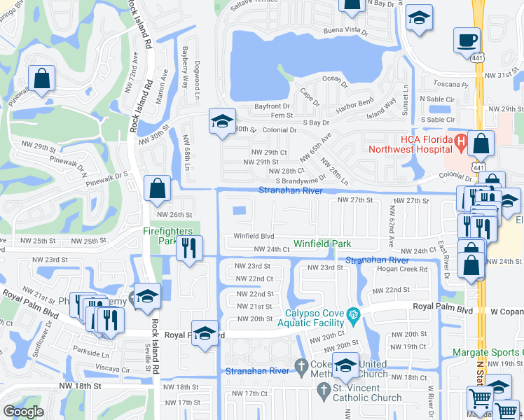 map of restaurants, bars, coffee shops, grocery stores, and more near 6704 Northwest 27th Street in Margate
