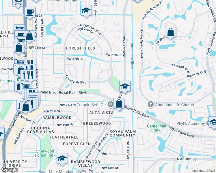 map of restaurants, bars, coffee shops, grocery stores, and more near 8417 Northwest 23rd Manor in Coral Springs