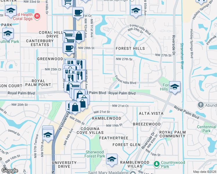 map of restaurants, bars, coffee shops, grocery stores, and more near 2420 Northwest 89th Drive in Coral Springs
