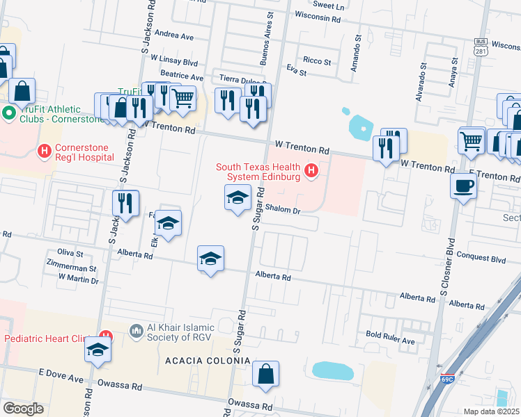 map of restaurants, bars, coffee shops, grocery stores, and more near 4301 South Sugar Road in Edinburg