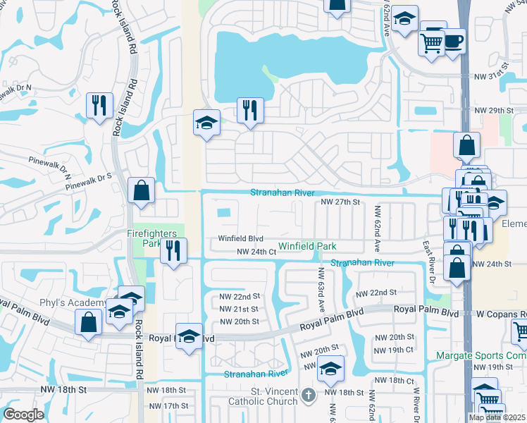 map of restaurants, bars, coffee shops, grocery stores, and more near 6613 Winfield Boulevard in Margate