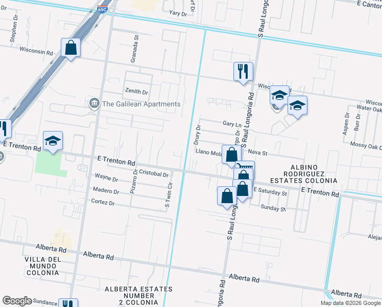 map of restaurants, bars, coffee shops, grocery stores, and more near 4023 Drury Drive in Edinburg