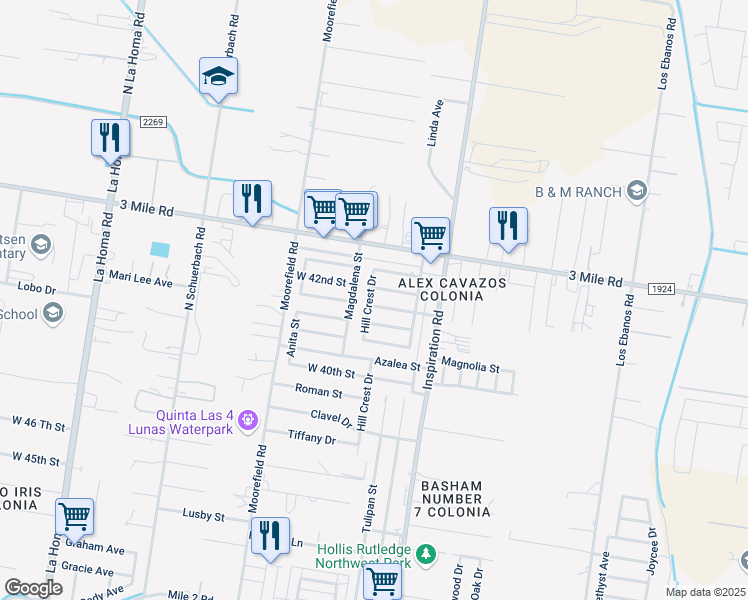 map of restaurants, bars, coffee shops, grocery stores, and more near 4201 Hill Crest Drive in Mission