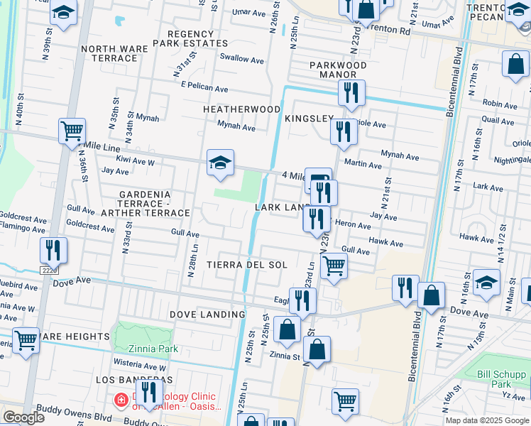 map of restaurants, bars, coffee shops, grocery stores, and more near 6005 North 25th Lane in McAllen