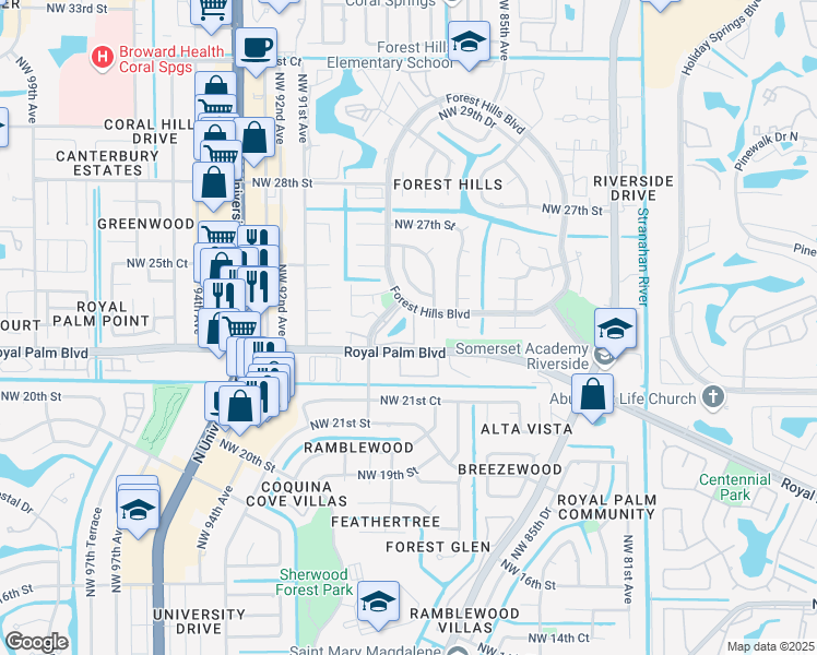 map of restaurants, bars, coffee shops, grocery stores, and more near 2391 Northwest 89th Drive in Coral Springs