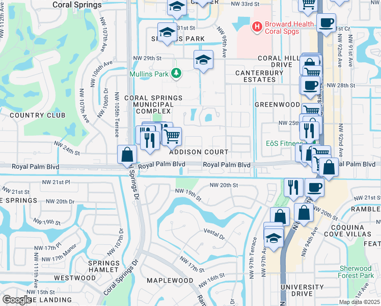 map of restaurants, bars, coffee shops, grocery stores, and more near 10125 Northwest 23rd Court in Coral Springs