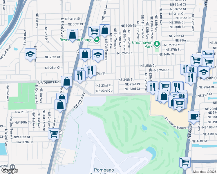 map of restaurants, bars, coffee shops, grocery stores, and more near 720 Northeast 23rd Place in Pompano Beach