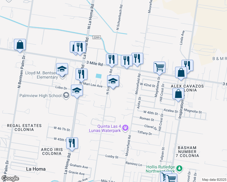 map of restaurants, bars, coffee shops, grocery stores, and more near 4100 North Schuerbach Road in Palmview