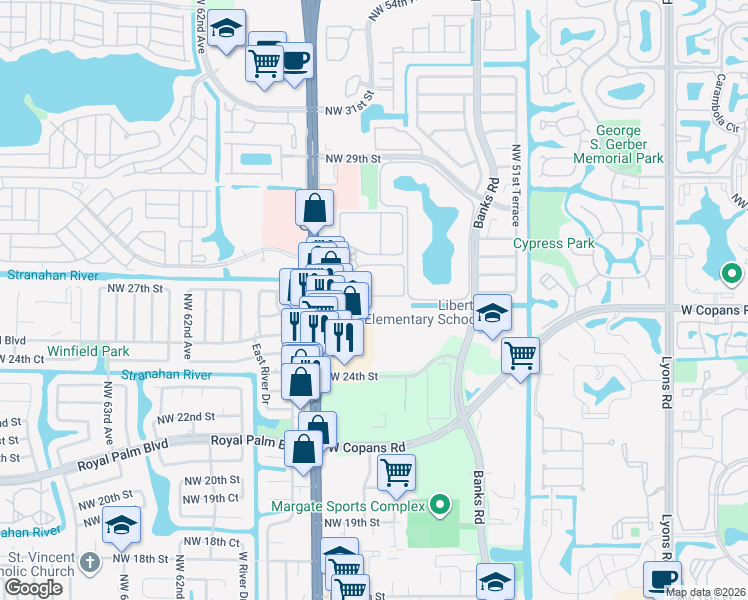 map of restaurants, bars, coffee shops, grocery stores, and more near 5438 Northwest 27th Street in Margate