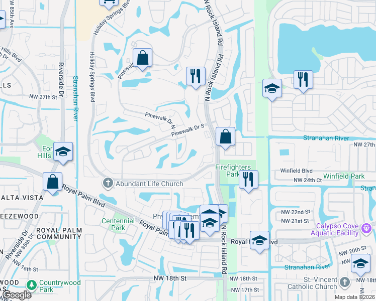 map of restaurants, bars, coffee shops, grocery stores, and more near 7378 Pinewalk Drive South in Margate