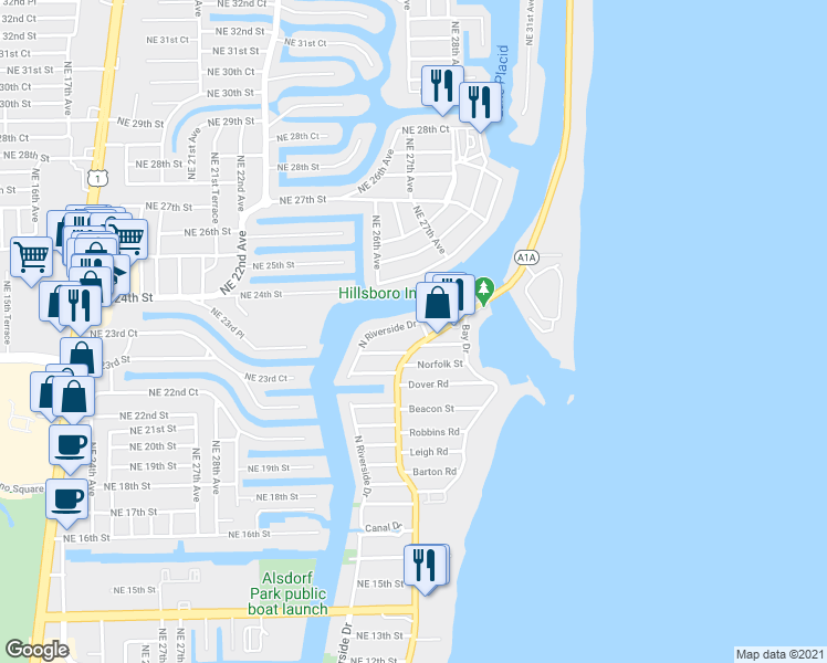 map of restaurants, bars, coffee shops, grocery stores, and more near 2621 North Riverside Drive in Pompano Beach