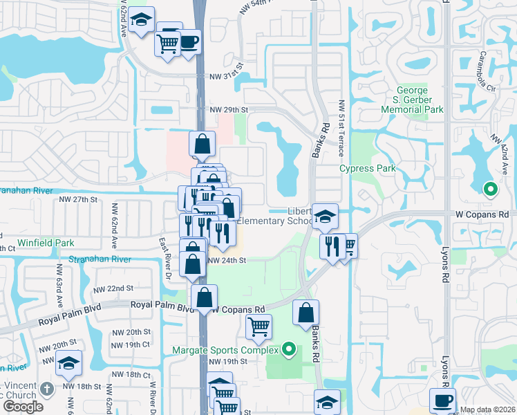 map of restaurants, bars, coffee shops, grocery stores, and more near 6250 Coral Lake Drive in Margate