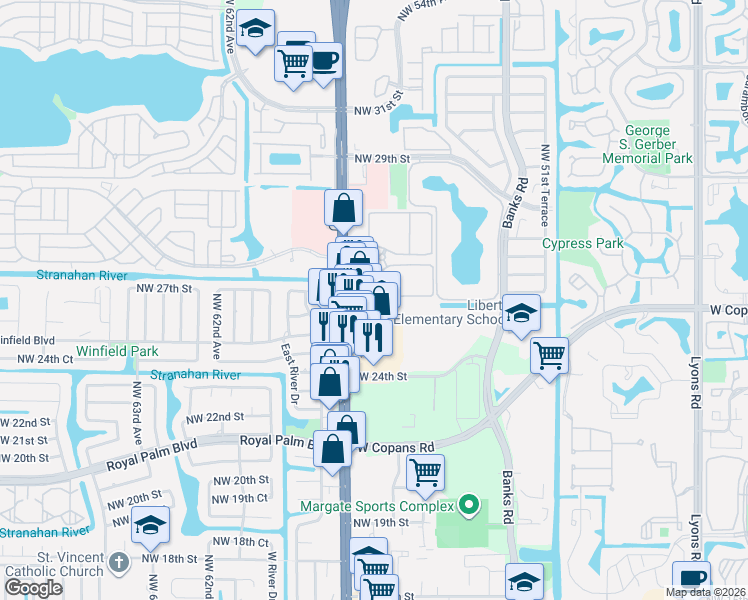 map of restaurants, bars, coffee shops, grocery stores, and more near 2722 Florida 7 in Margate