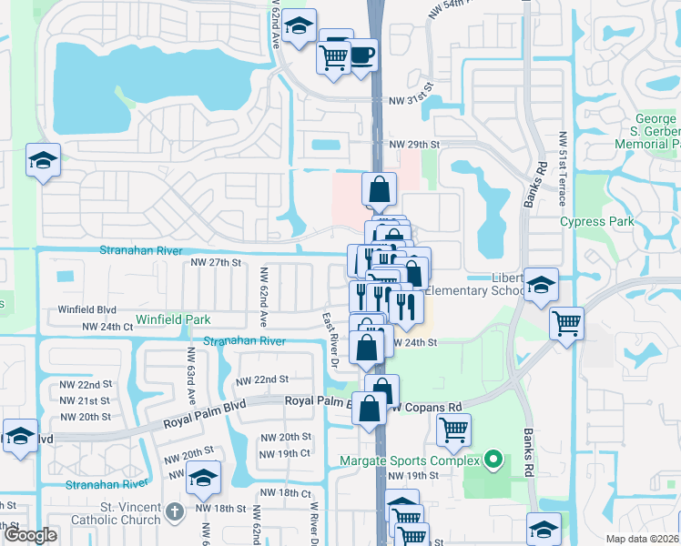 map of restaurants, bars, coffee shops, grocery stores, and more near 5753 Northwest 27th Street in Margate