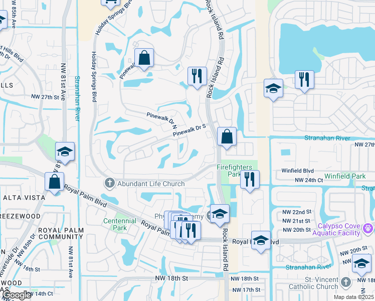map of restaurants, bars, coffee shops, grocery stores, and more near 7348 Pinewalk Drive South in Margate