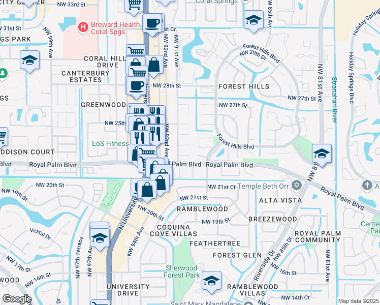 map of restaurants, bars, coffee shops, grocery stores, and more near 9064 Northwest 23rd Place in Coral Springs