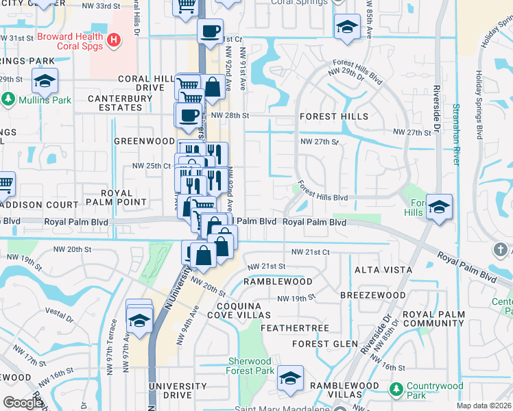 map of restaurants, bars, coffee shops, grocery stores, and more near 9064 Northwest 23rd Place in Coral Springs