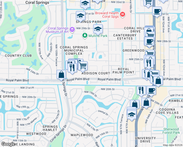 map of restaurants, bars, coffee shops, grocery stores, and more near 10125 Northwest 23rd Court in Coral Springs